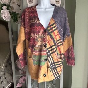 Women’s “Artsy” Oversized V-Neck CARDIGAN Bold Eclectic Patchwork Design Size M